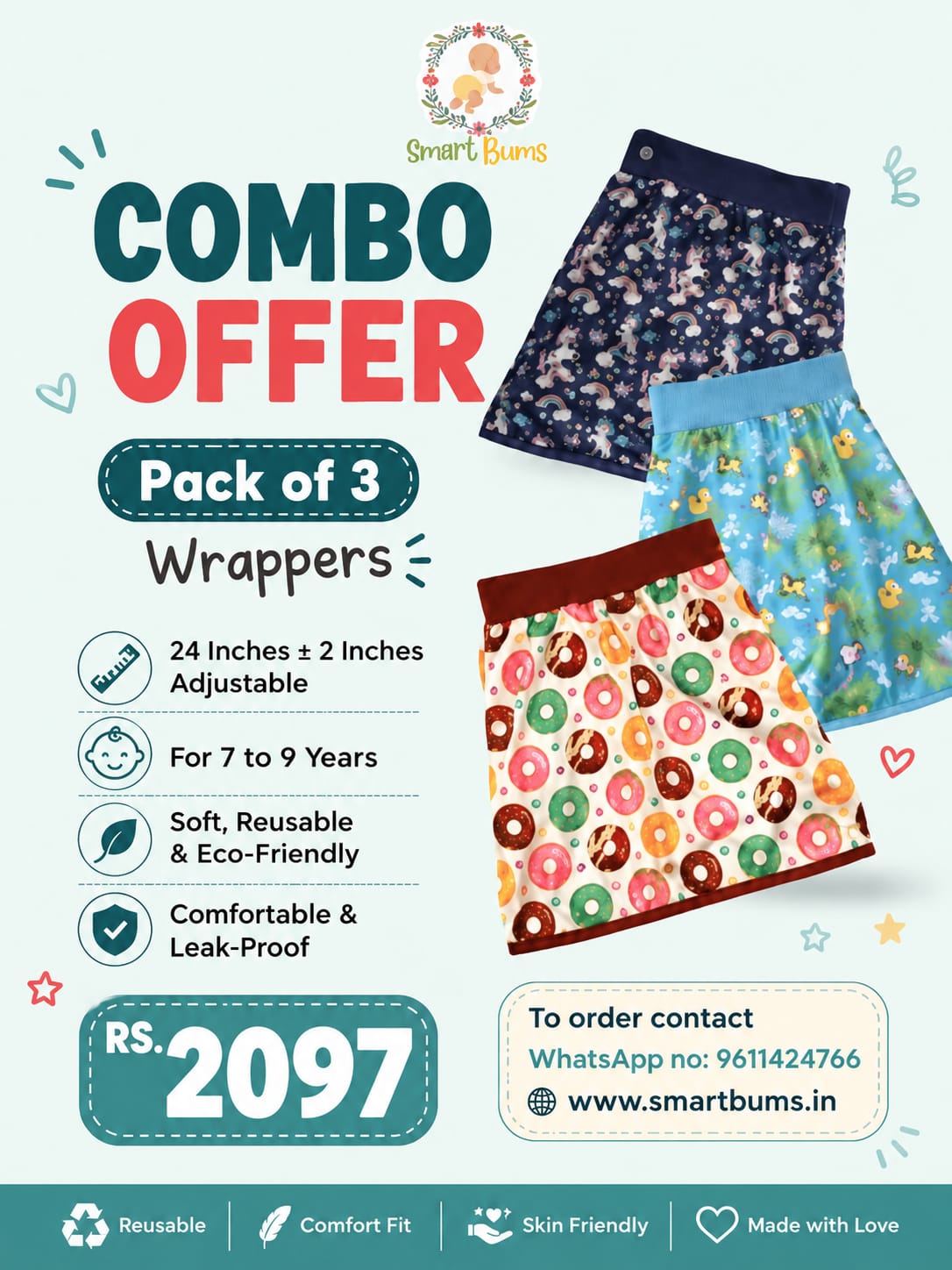 Pack of 3 combo. wrappers 7 to 9 years .waist size 24 inches.