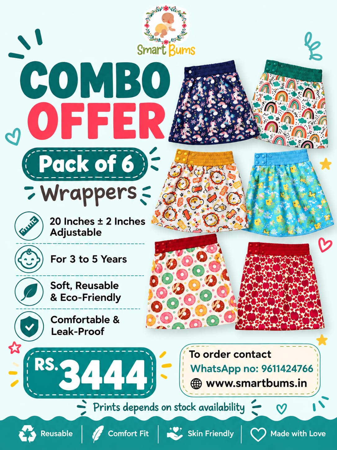 Pack of 6 combo. Suitable for 3 to 5 Years. Waist size 20 inches+/- 2 inches adjustable