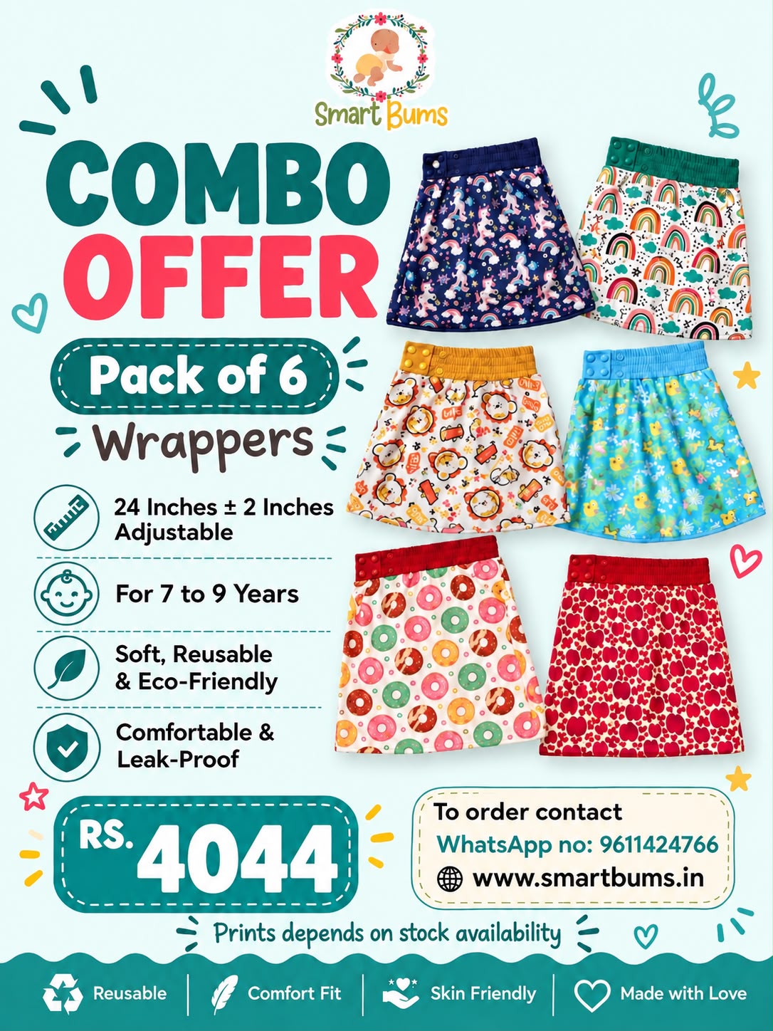 Pack of 6 combo. Suitable for 7 to 9 years.waist size 24 inches+/-2 inches adjustable