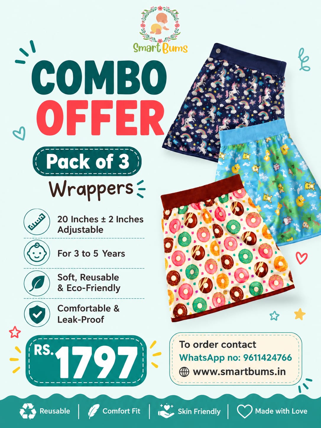Pack of 3 combo.suitable for 3 to 5 Years waist size 20 inches+/- 2 inches adjustable