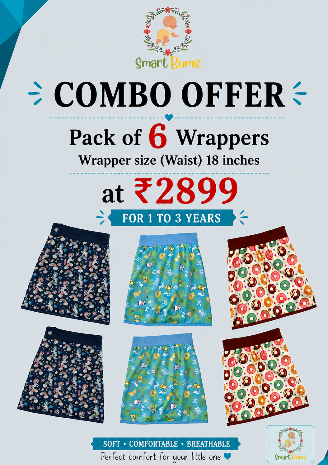 Wrapper combo pack of 6 . 1 to 3 years . Waist size 18 inches+/- 2 inches adjustable