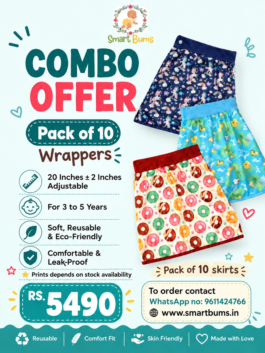Pack of 10. Suitable for 3 to 5 Years. Waist size 20 inches+/- 2 inches adjustable