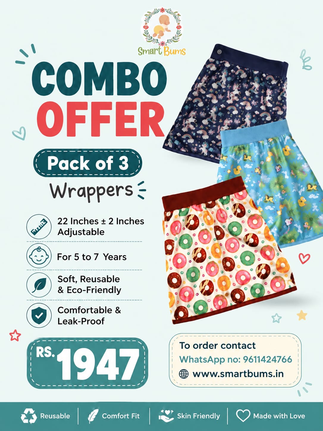 Wrappers 5 to 7 years. combo pack of 3 .waist size 22 inches